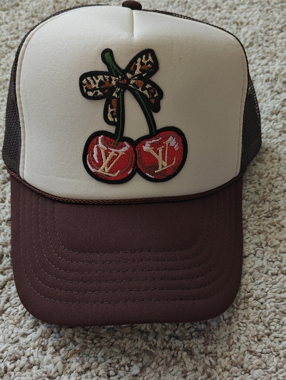 Cream and Brown Trucker Hat with Embroidered Cherry Patch
